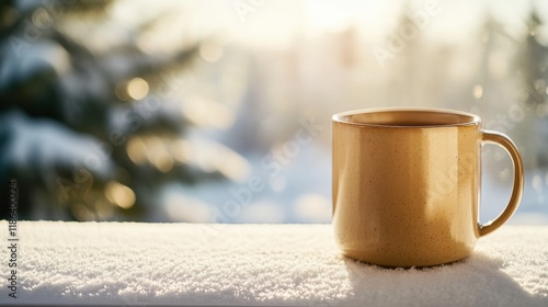 Warmth in the Winter: A comforting mug of coffee or tea stands on a snowy surface, bathed in the warm glow of the winter sun, offering a moment of tranquility and solace. photo