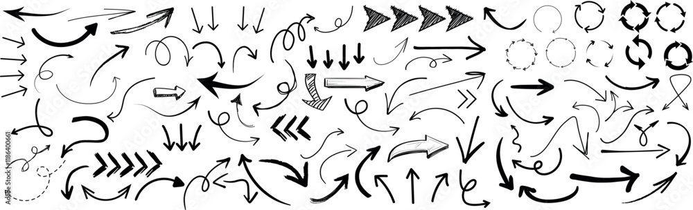 Hand drawn arrow set featuring curved, straight, dotted, and swirled arrows design, arrow vector  for creative design, presentations, infographics, and decorative purposes