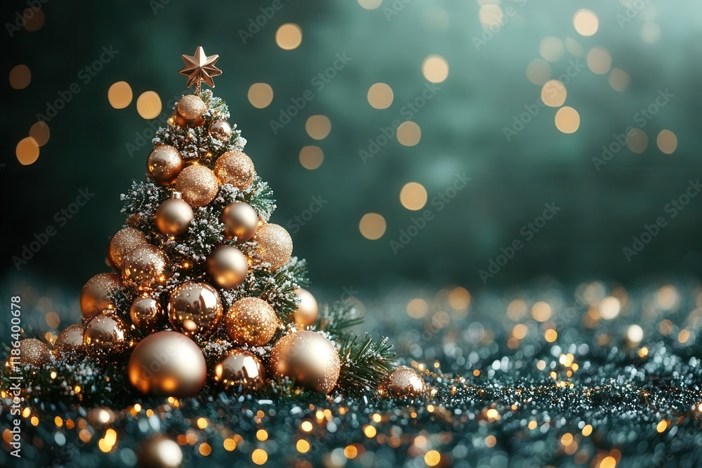 festive christmas design with modern geometric tree made of metallic rose gold baubles and twinkling lights on deep emerald green background festive christmas design with modern geometric tree made of metallic rose gold baubles and twinkling lights on deep emerald green background