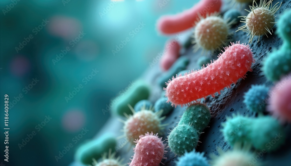 Naklejka premium Microscopic view shows various probiotic bacteria in human stomach. Ecoli, organisms related to digestion, health visible. Probiotic microflora in digestive system. Medical science research on human