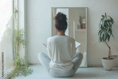 Person reciting positive affirmations in front of a mirror to boost self-esteem and well-being in a serene indoor environment photo