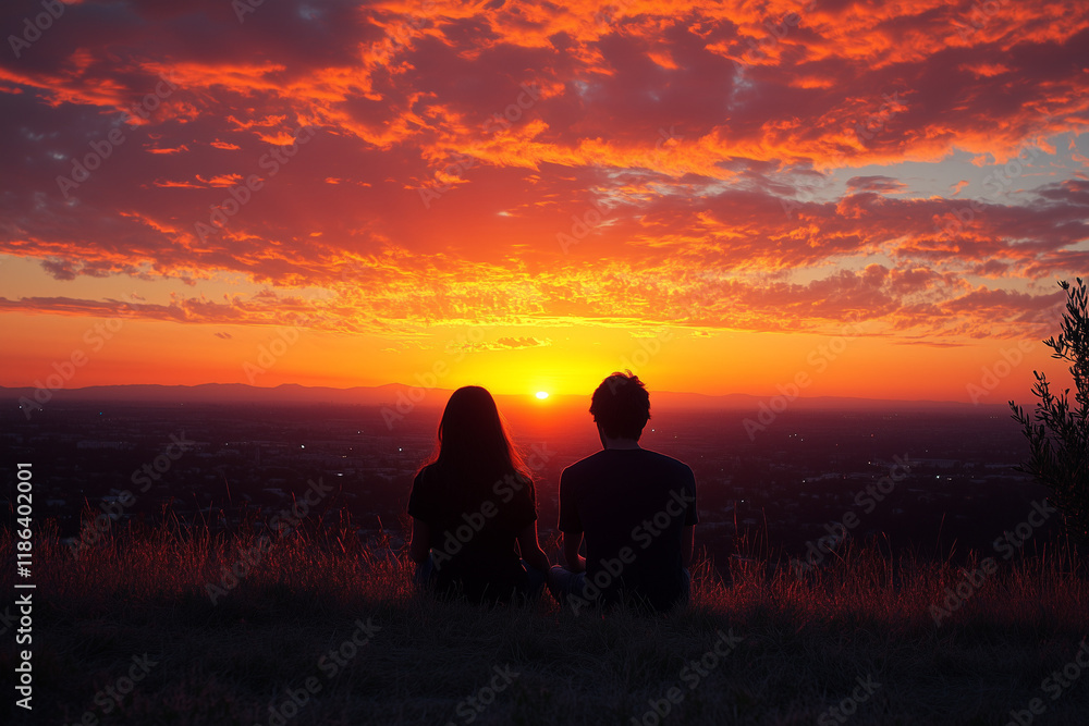Fototapeta premium Romantic couple watching sunset over scenic landscape