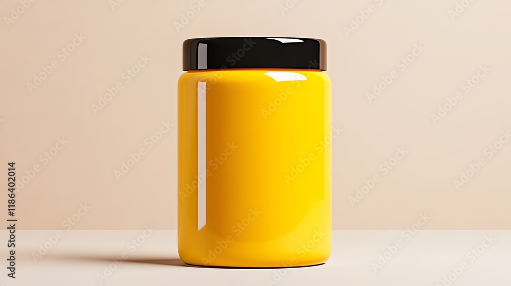 A bold yellow hair dye jar, glowing softly against a minimalist beige background A bold yellow hair dye jar, glowing softly against a minimalist beige background