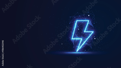 Futuristic glowing lightning bolt with plexus lines and glitter particles. The thunderbolt in the neon light style. Digital technology background