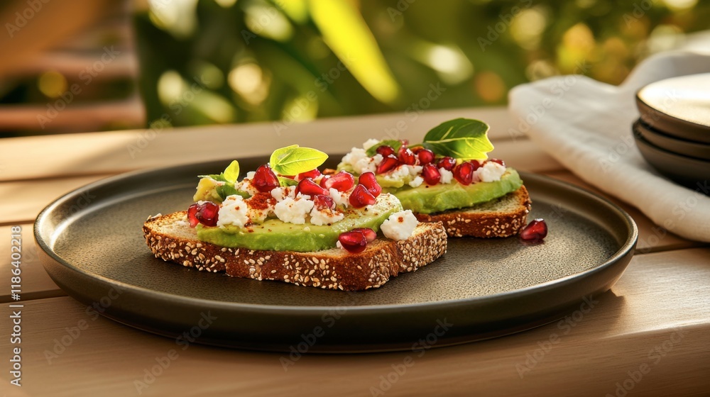 Avocado Toast with Pomegranate and Feta: Two slices of toasted bread topped with creamy avocado, crumbled feta cheese, and juicy pomegranate seeds, garnished with fresh basil. Avocado Toast with Pomegranate and Feta: Two slices of toasted bread topped with creamy avocado, crumbled feta cheese, and juicy pomegranate seeds, garnished with fresh basil.