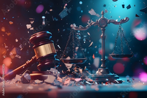 A high-resolution shot of a broken legal scale with the gavel in the foreground, blurred lights representing justice. The top section provides space for ad copy. 
