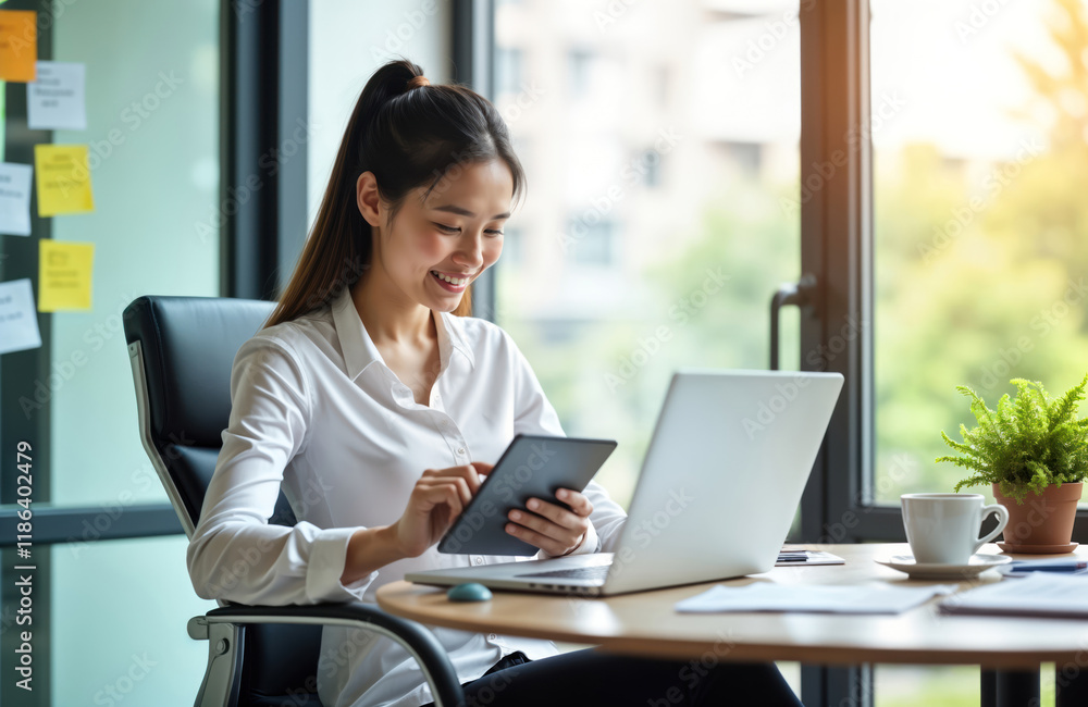 Young Asian businesswoman sits in office using tablet, laptop. Focused, smiling. Modern office setting with natural light. Working on tasks. Comfortable working environment. Digital work style.