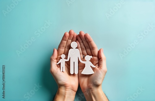 Family figure held in hands. Hands protect family. Concept of family protection. Insurance or adoption theme. Symbolic image of care and support. Hands offer love and security. photo