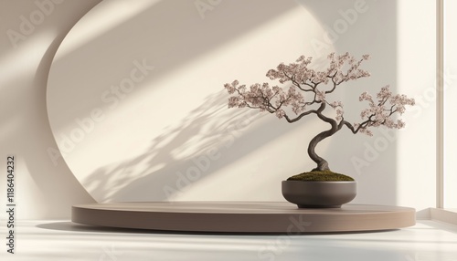 Japanese Abstract Cosmetic: Podium And Bonsai Tree In Brown For Product Presentation - Rendered Design photo