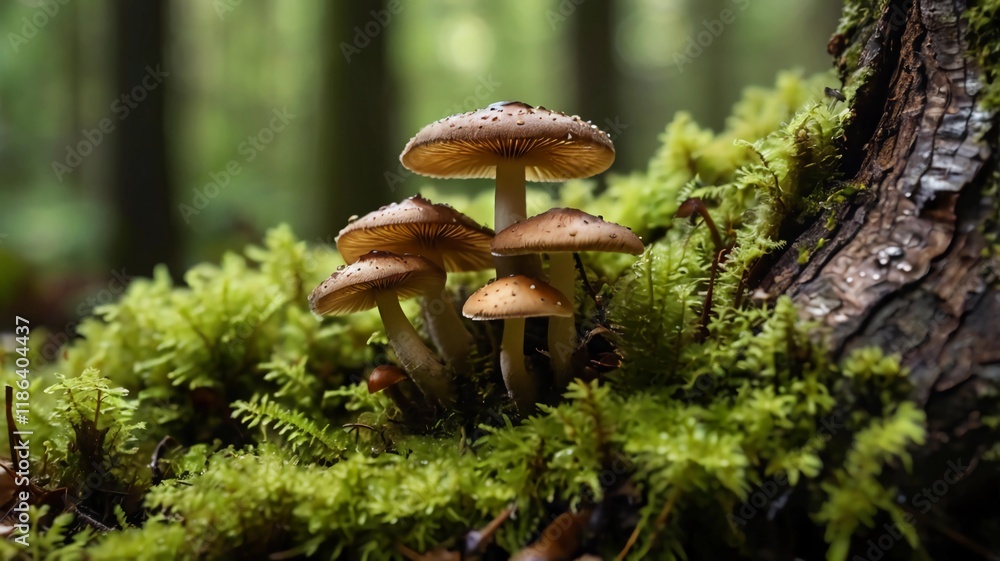 Fototapeta premium cluster of small mushrooms with brown caps growing from an old tree trunk covered with green moss in the forest.