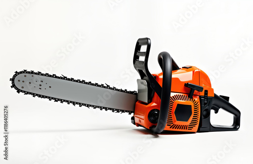 Orange electric chainsaw with sharp chain isolated on white background. Powerful tool ready for work. Pro equipment for cutting wood timber. Handy machine for sawing logs firewood. Modern tech for photo