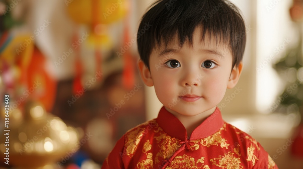 Adorable Toddler in Traditional Garb: A charming portrait of a young Asian toddler, wearing a vibrant red traditional outfit adorned with intricate golden patterns. Adorable Toddler in Traditional Garb: A charming portrait of a young Asian toddler, wearing a vibrant red traditional outfit adorned with intricate golden patterns.