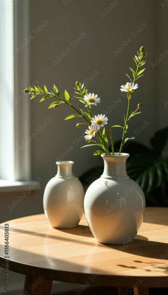 Wooden table with delicate vases, serene background, peaceful scene, vase on table, calm atmosphere Wooden table with delicate vases, serene background, peaceful scene, vase on table, calm atmosphere