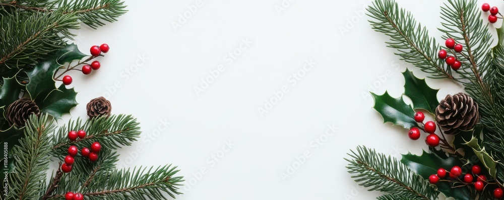 Holly leaves, pine branches, and red berries create a festive border against a white background, symbolizing the joy of the holiday season and nature s beauty Holly leaves, pine branches, and red berries create a festive border against a white background, symbolizing the joy of the holiday season and nature s beauty