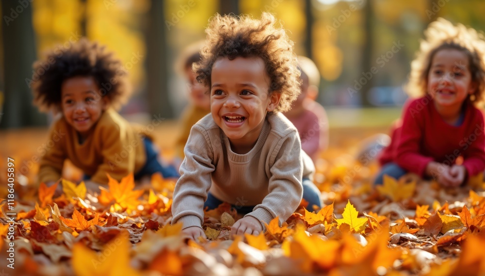 Joyful children play in park covered in colorful autumn leaves. Kids laugh, run amongst vibrant foliage. Autumn day in park full of fun, happiness. Children happy, carefree playing outdoors. Children Joyful children play in park covered in colorful autumn leaves. Kids laugh, run amongst vibrant foliage. Autumn day in park full of fun, happiness. Children happy, carefree playing outdoors. Children