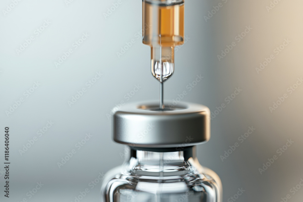 A syringe draws liquid from a glass vial, suggesting medical preparation or vaccination. A syringe draws liquid from a glass vial, suggesting medical preparation or vaccination.