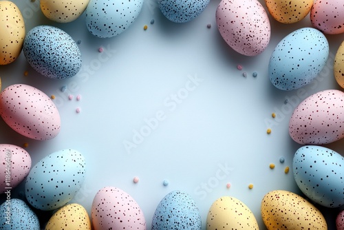 Colorful Speckled Eggs Arranged in a Circular Frame on a Soft Blue Background for a Simple Minimalist Easter Celebration or Chinese New Year Festivity photo