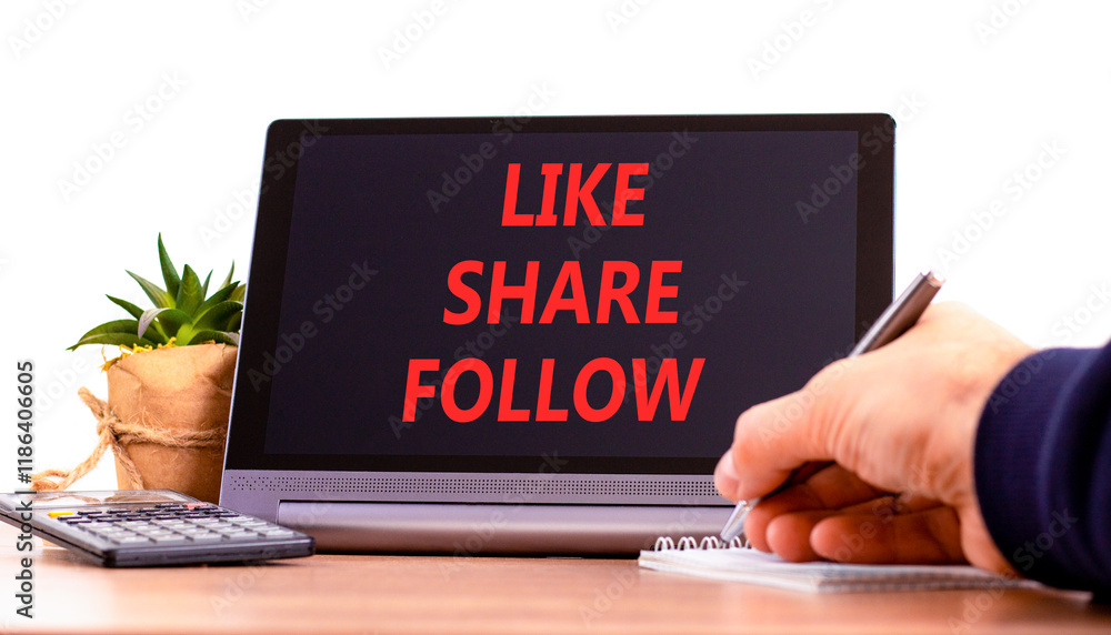 Like share follow symbol. Concept words Like Share Follow on beautiful black tablet. Beautiful white background. Businessman hand. Business like share follow concept. Copy space. Like share follow symbol. Concept words Like Share Follow on beautiful black tablet. Beautiful white background. Businessman hand. Business like share follow concept. Copy space.