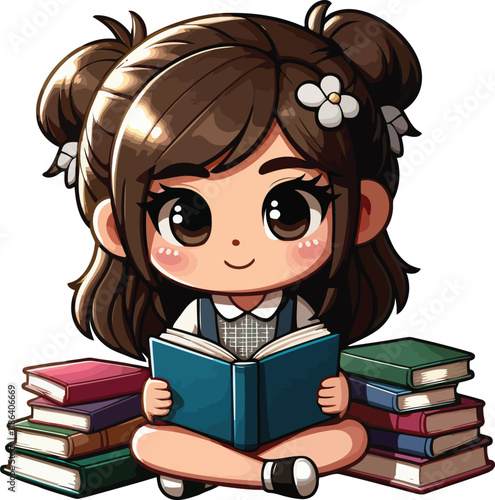 Line Art of a Girl Reading Books for World Children’s Book Day, Adorable illustration of a girl enjoying books with a rich backdrop of stories for World Children’s Book Day.