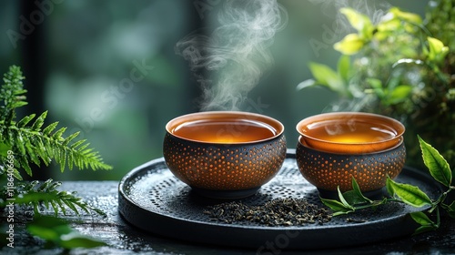 Wallpaper Mural Two steaming tea cups on a decorative tray. Torontodigital.ca