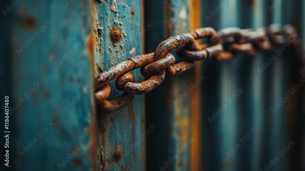 Rusty Chain on Weathered Gate: A close-up shot reveals a heavy, rusty chain securing a weathered, teal-colored gate. The texture and detail of the aged metal are sharply in focus. Rusty Chain on Weathered Gate: A close-up shot reveals a heavy, rusty chain securing a weathered, teal-colored gate. The texture and detail of the aged metal are sharply in focus.