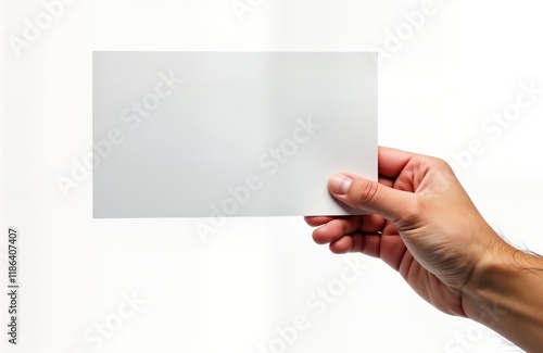 Hand holds blank white paper. Empty sheet of paper is held in a hand. Isolated shot on plain white background. Simple presentation. Useful for business, advertising, or design purposes. photo