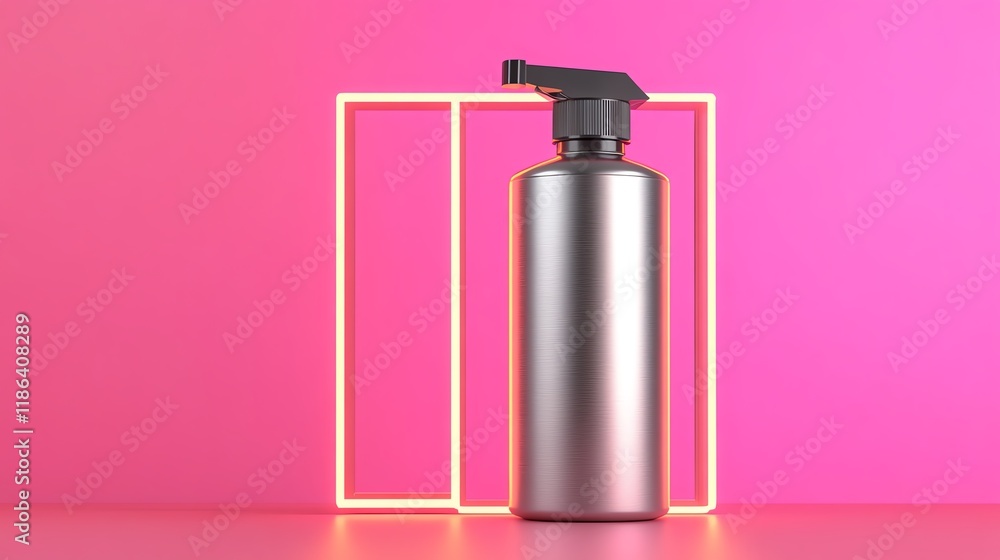 A realistic render of a metallic hair dye spray can, surrounded by glowing neon accents A realistic render of a metallic hair dye spray can, surrounded by glowing neon accents