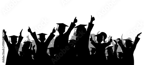 Happy crowd of graduates children in square academic caps. Cheerful people silhouette. Graduation ceremony. Vector  illustration.