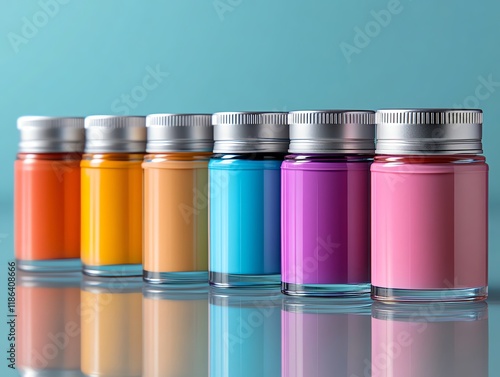 A set of rainbowthemed hair dye products, artistically arranged on a reflective surface photo