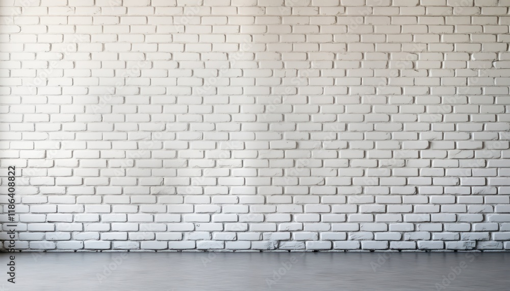 Fototapeta premium Empty room with white brick wall, gray floor. Suitable for various photo editing purposes as backdrop for video calls social media posts. Rustic style creates classic backdrop for interior design
