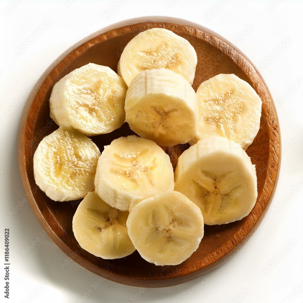 Thin slices of fresh banana arranged in a neat circular pattern on a white plate, highlighted by soft natural light for a clean and appetizing look Thin slices of fresh banana arranged in a neat circular pattern on a white plate, highlighted by soft natural light for a clean and appetizing look