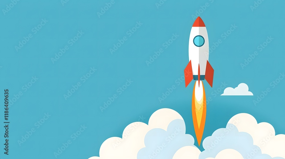 Rocket launching into blue sky space exploration digital art vibrant environment aerial view innovation concept Rocket launching into blue sky space exploration digital art vibrant environment aerial view innovation concept