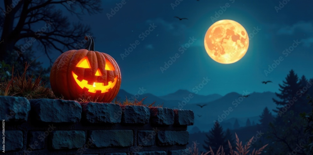 Fototapeta premium Carved jack o lantern on a stone wall under moonlit sky at night, night, moonlight, eerie