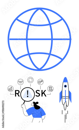 World globe outline, person with magnifying glass assessing risk, and rocket launching upward. Ideal for business growth, entrepreneurship, global reach, innovation, data analysis, decision-making