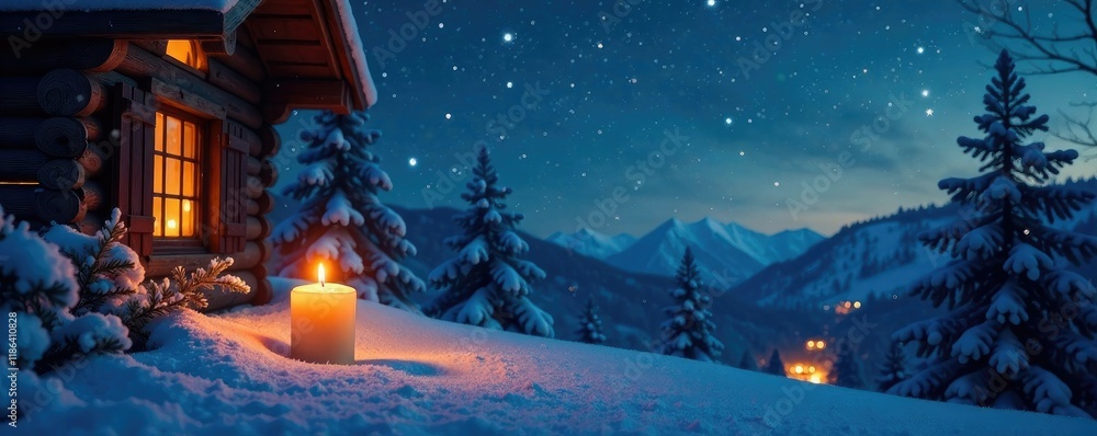 Naklejka premium Cozy winter scene with starry night sky and warm candlelight, snowflakes, soft glow, starry night