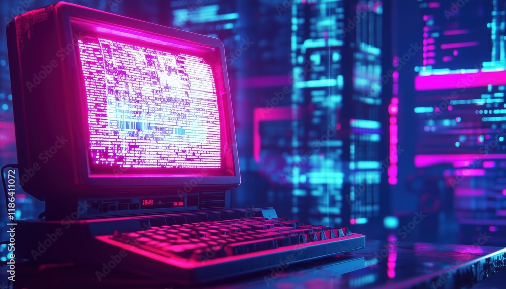 Retrofuturistic Vaporwave Synthwave: Abstract Technology And Glitched Computer Program Interface In 80s-90s Style Terminal Console With Command-Driven Programs. Retrofuturistic Vaporwave Synthwave: Abstract Technology And Glitched Computer Program Interface In 80s-90s Style Terminal Console With Command-Driven Programs.