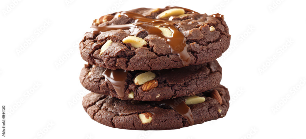 A photo of dark chocolate cookies with caramel and nuts, presented in three poses , isolated on transparent png or white background A photo of dark chocolate cookies with caramel and nuts, presented in three poses , isolated on transparent png or white background