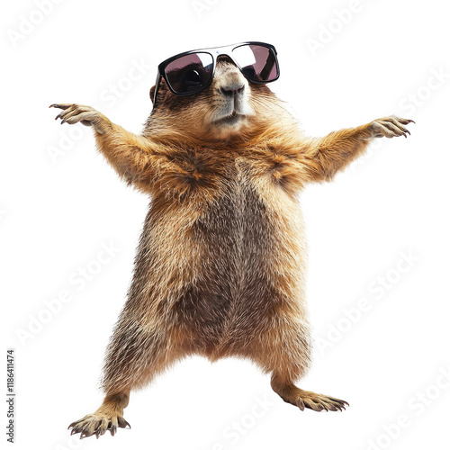 Funny Himalayan Marmot Dancing with Large Sunglasses in a Comical Pose for Entertaining Imagery