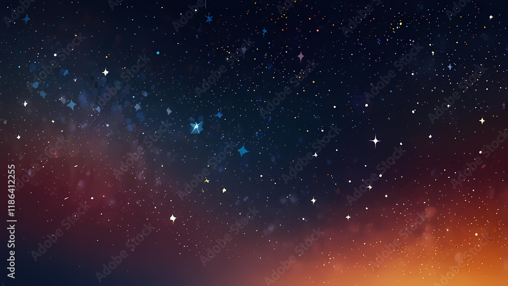 Naklejka premium An abstract starry background with a minimalist approach, showcasing glowing white star clusters against a gradient of warm sunset colors transitioning into midnight blue, with a sense of depth and my
