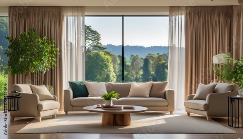 A modern floor-to-ceiling window with beige curtains, framing a serene outdoor view and comp