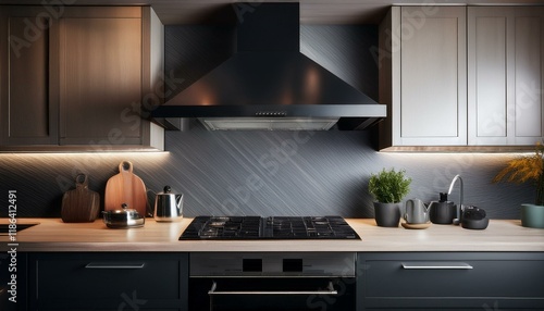 A modern range hood in matte black above a clean stovetop, surrounded by sleek cabinetry wit