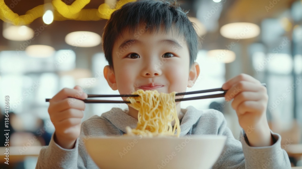 Noodle Delight: A young boy savors a bowl of noodles, his eyes sparkling with pure joy as he uses chopsticks to expertly lift a strand of noodles to his mouth. Noodle Delight: A young boy savors a bowl of noodles, his eyes sparkling with pure joy as he uses chopsticks to expertly lift a strand of noodles to his mouth.
