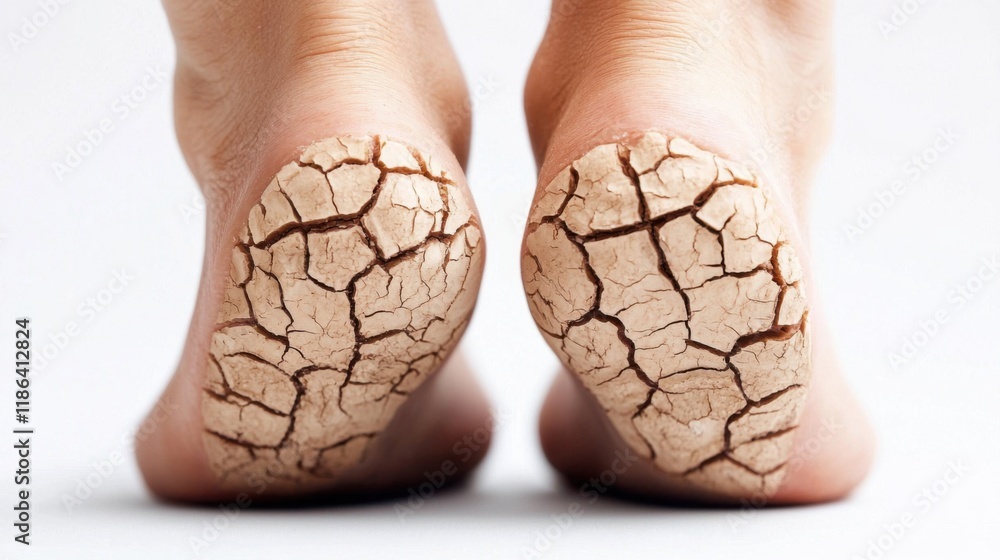 health risks symptoms habits.A close-up of dry, cracked heels, highlighting the need for foot care and hydration to prevent skin issues.