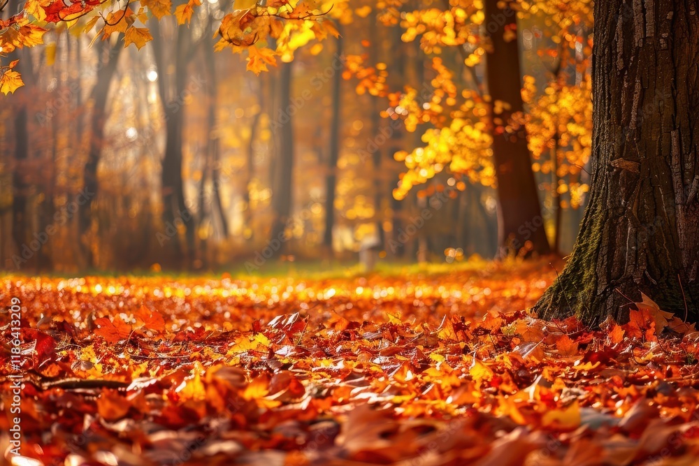 A serene autumn landscape with vibrant orange leaves covering the ground and trees in the background. A serene autumn landscape with vibrant orange leaves covering the ground and trees in the background.