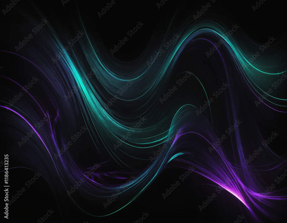 Naklejka premium A dark abstract background dominated by deep black tones with glowing neon purple and mint green streaks weaving dynamically across the canvas