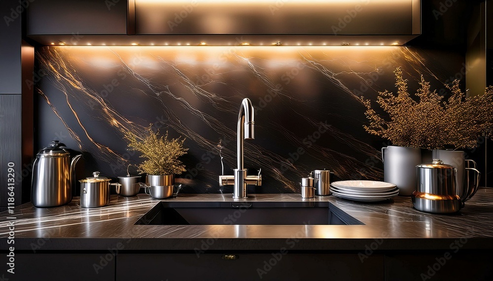 Close-up of a sleek black marble countertop with brushed steel kitchenware neatly arranged, Close-up of a sleek black marble countertop with brushed steel kitchenware neatly arranged,