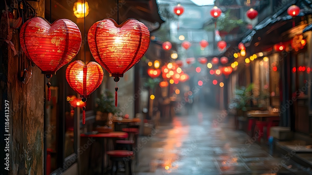Fototapeta premium Romantic Heart Shaped Lanterns Illuminate a Charming Asian Street at Night