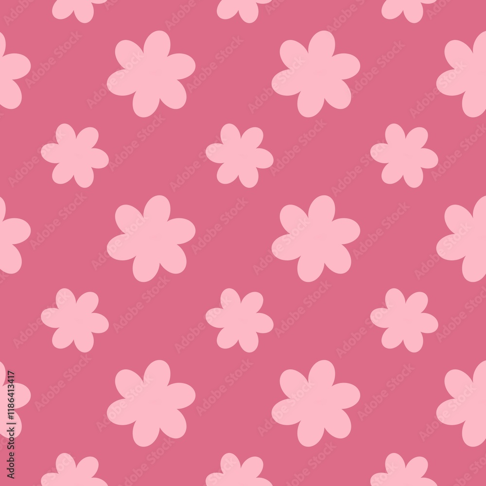 Repeating raster pattern with pink flat flowers on a pink background Repeating raster pattern with pink flat flowers on a pink background