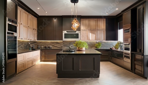  High-contrast cabinetry design with black cabinets below and beige ones above, showcasing a