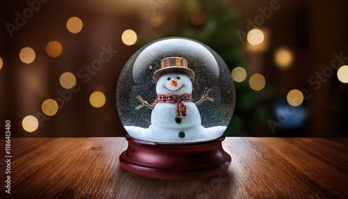  In the middle of table in a darkened room sits a snow globe with a smiling snowman